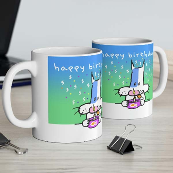 happy birthday cat mug