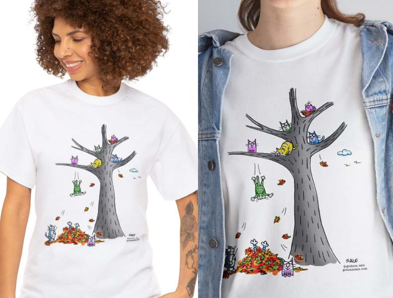 cats jumping in leaves t-shirt